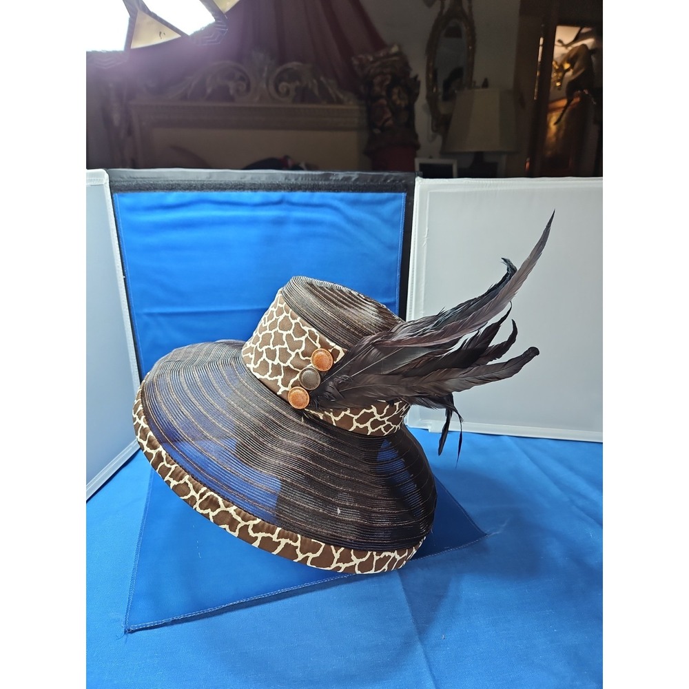 Church Derby Straw Hat Wide Brim Long Feathers Animal Print Whittall & Shon VTG - Picture 11 of 11